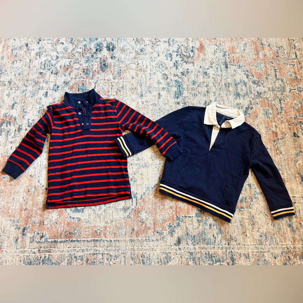 Bundle of 2- Janie and Jack Navy and Red Striped Henley; Blue Henley